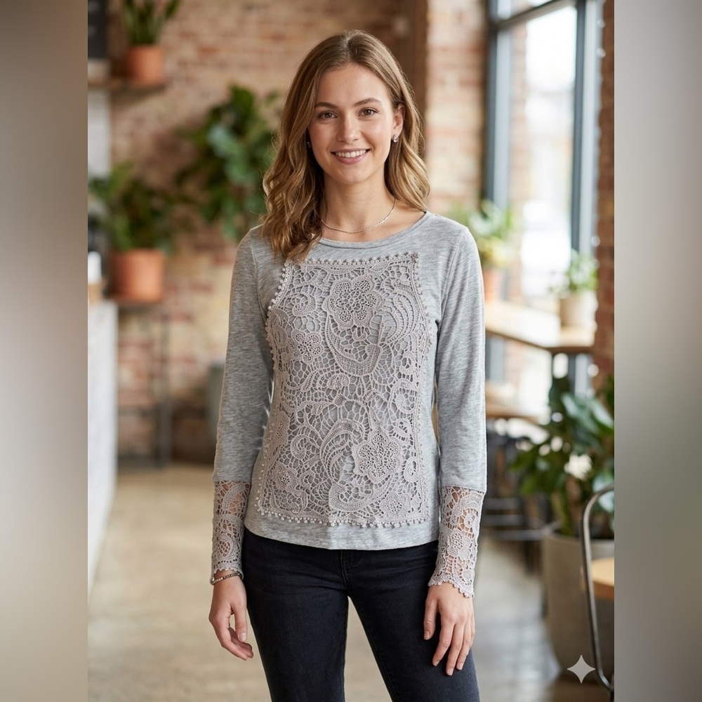 Sundance Grey Lace Front Long Sleeve Top Size Small Boho Heathered